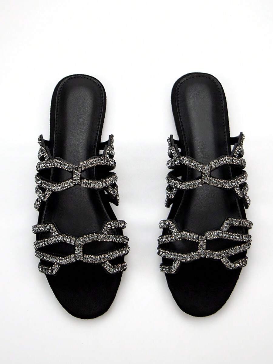 Dép lê nữ thanh lịch, đính đá toàn bộ, kiểu dáng khoét rỗng, mũi tròn, chất liệu da lộn, thoải mái khi mang hàng ngày và dự tiệc, lễ tình nhân, phù hợp với trang phục mùa hè. - màu đen - Xem 1