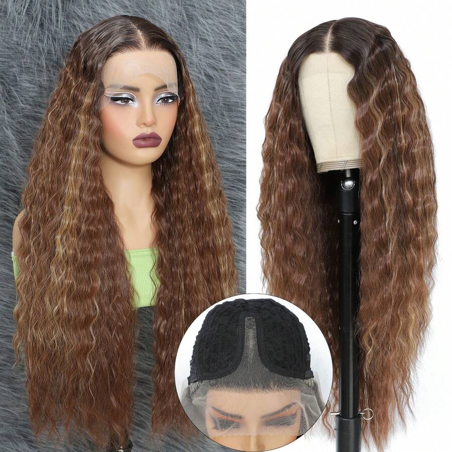 30 英寸长卷曲蕾丝前部合成假发卷发合成蕾丝前部假发，13x4 T 部分合成蕾丝假发预拔深波浪假发棕色混合金色挑染假发女士中分假发初学者友好自然造型适合女孩日常派对使用 - 挑染金色 - 查看 1