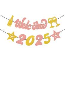 欢迎 2025 标志新年派对横幅，闪光香槟星装饰庆祝 2025 年新年悬挂花环彩旗装饰，新年派对背景用品 - 彩色 - 查看 14