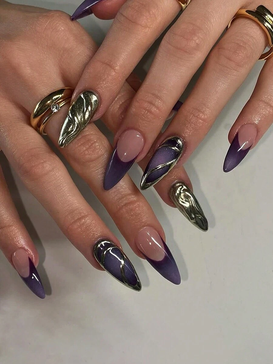 24 件/套银色珠光 3D 线条设计细高跟假指甲，包括 1 件凝胶清漆和 1 件指甲锉，适合女性和女孩的美甲配件，适合户外活动、下午茶和聚会约会 - 彩色 - 查看 1