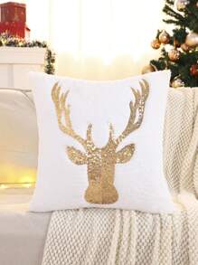 Miater 1 件亮片刺绣驯鹿圣诞装饰抱枕套，柔软毛绒，适合客厅和卧室，秋冬季 - 杏色 - 查看 9