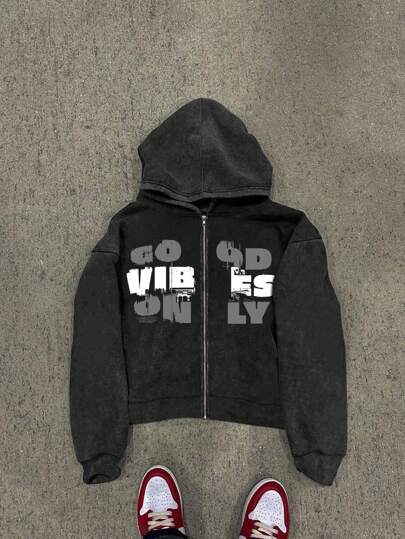 Moletom masculino engraçado e moderno com estampa de letras casual e zíper lavado