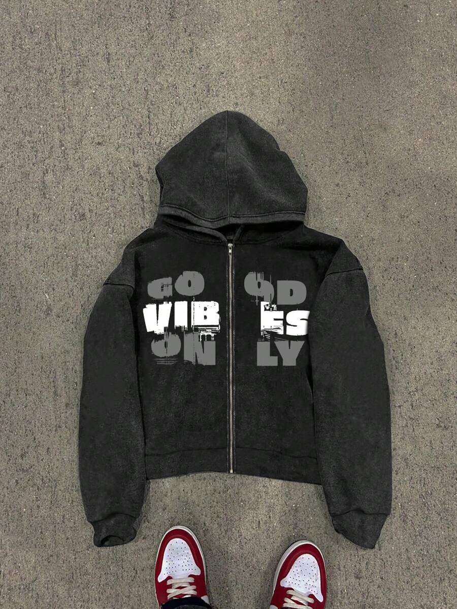 Men's Funny & Casual Letter Print Zip-Up Washed Sweatshirt - Black - View 1