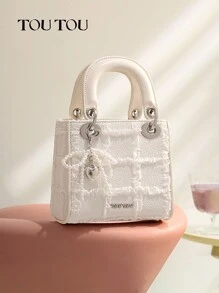 TOUTOU Bolso de mano con inspiración de diseñador, estilo jacquard de perlas falsas, bolso de hombro y bandolera para novia/boda, regalo para ella para cumpleaños, aniversario, San Valentín, bolso elegante y lujoso para mujer