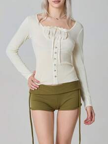 Women Solid Color Classic Tops, Long Sleeve Square Lace Neck Buttoned Ribbed Tops for Spring, Women Clothing - Blanco - Ver 8
