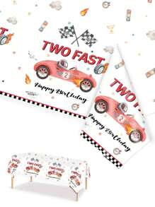 3 件 137 * 274CM/54 * 108IN 一次性派对桌布，卡通可爱格子旗和红色赛车图案桌布，适合各种主题派对和日常装饰 - 彩色 - 查看 1