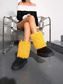 新款女士休闲保暖防滑撞色毛边拼接雪地靴，舒适黑色鞋子 - 黑色 - 查看 4