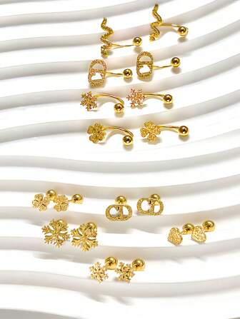 New Stainless Steel Fashionable Versatile Fresh Mini Snowflake U-Shaped Screw Snake Stud Earrings Matte Four-Leaf Clover Earrings, Suitable For Women Daily Wearing Valentines