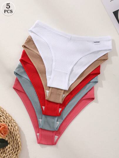 Paquete de 5 bragas de algodón cómodas y transpirables con corte en V en la cintura, de unicolor y sexy para mujeres