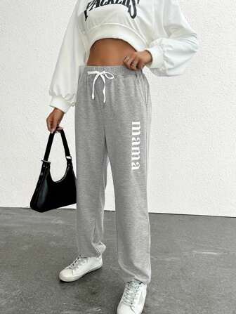 European&American Style Women High Waist Drawstring Letter Print Casual Versatile Cuffed Sweatpants