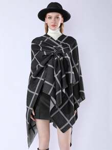 时尚格子二合一简约斗篷，适合旅行和保暖外套，秋冬季 - 黑色 - 查看 1