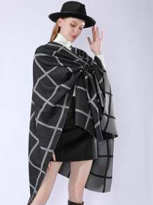 时尚格子二合一简约斗篷，适合旅行和保暖外套，秋冬季 - 黑色 - 查看 2