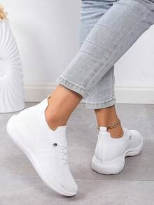 女士厚底针织运动鞋，透气系带软底跑步鞋，休闲低帮运动鞋 - 白色 - 查看 2