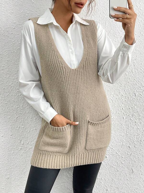 Women Solid Color V-Neck Sleeveless Pocket Casual Knit Vest