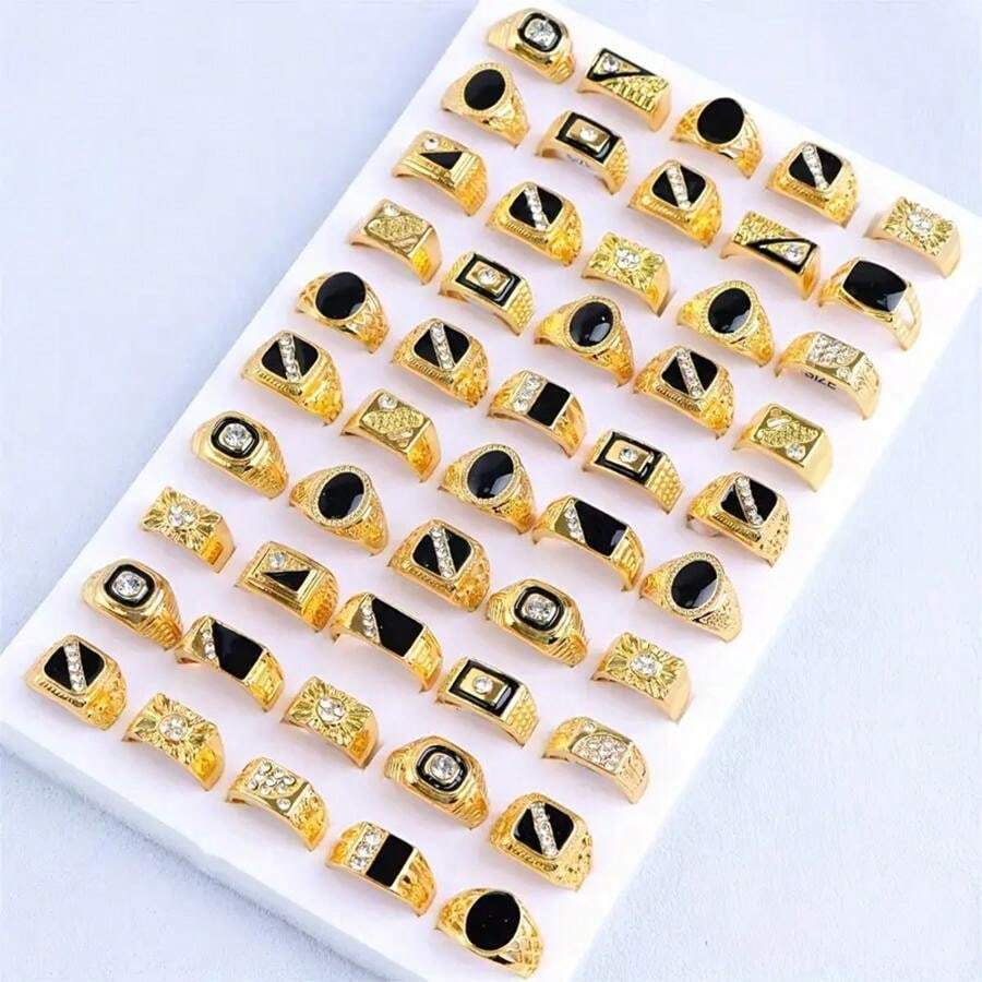 10pcs/Pack Fashion Black Enamel Zinc Alloy Rings Set, Vintage Elegant