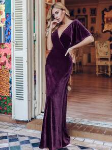 EVERPRETTY Elegant Women's V-Neck Ruffle Sleeve Cross-Wrap Formal Evening Gown - Purple - View 2