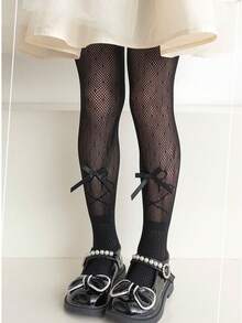 1 Cặp quần tất lưới nơ thắt nơ phong cách Lolita thoải mái và thoáng khí cho trẻ em, độ đàn hồi cao và chống xù, phù hợp cho bé gái, phong cách công chúa, thời trang, khiêu vũ, mặc hàng ngày - màu đen - Xem 8