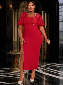 Plus Size Women Lace Patchwork Bowknot Ruffle Slit To Thigh Sexy Party Ball Gown, Cocktail Semi Formal Prom Dress, For Birthday, Wedding Guest, Graduation, Dinner, Homecoming - Red - View 3