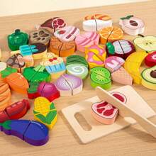 Juego de cocina de madera con frutas y verduras de juguete, set de alimentos de juego, juguetes de madera, alimentos de madera