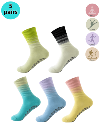 3/5 Pairs Of Multi-Color Gradient Knitted Mid-Tube Yoga Socks, Silicone Non-Slip, Sweat-Absorbent And Breathable, Suitable For Pilates, Outdoor Fitness, Running, Sports Socks, Indoor Dance Rope Skipping Floor Socks, For Gym