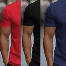 Kit 3 Men's T-Shirts Plain Premium Combed Mesh 100% Cotton Round Neck Short Sleeve Basic Summer - 藍色和黑色 - 查看 1