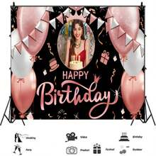 Decoración personalizada para fotografías: Globo de cumpleaños de oro rosa, telón de fondo de tela, corona de princesa de strass de oro rosa, banner de vinilo para decorar la mesa del pastel en la fiesta de cumpleaños