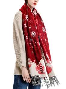 1 件女士圣诞保暖围巾雪花印花长流苏披肩无弹性男女休闲户外围巾冬季 - 紅色2 - 查看 2