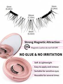1 Pair C Curl Magnetic False Eyelashes Kit With Mirror & Applicator Glue-Free Eyelashes 3D Natural Manga Eyelashes Cat Eye Fluffy Faux Mink Eye Lashes - 黑色 - 查看 4