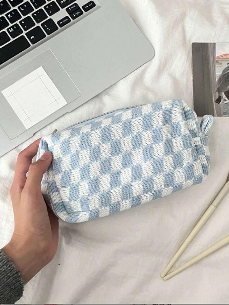 Túi đựng mỹ phẩm đan Checkerboard Túi đựng đồ đan Túi đựng đồ vệ sinh cá nhân Túi đựng mỹ phẩm dung tích lớn di động - Xanh và trắng - Xem 1