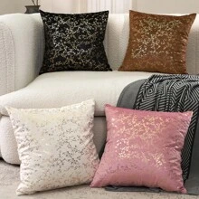 1pc Double-Sided Baroque Style Gold Foil Printed Velvet Cushion Cover,No Filling. The Soft Velvet Fabric With Gold Foil Print Shiny Shimmering Design, Suitable For Sofa, Couch, Bed, Car, Chairs, Window Seats, Loveseat, Living Room, Bedroom, Floor, Bench, Office, Cafe Etc.