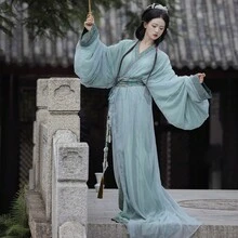古风印花交领长袖衬衫，传统中国风，适合日常通勤、传统节日、圣诞节出游 - 薄荷綠 - 查看 4