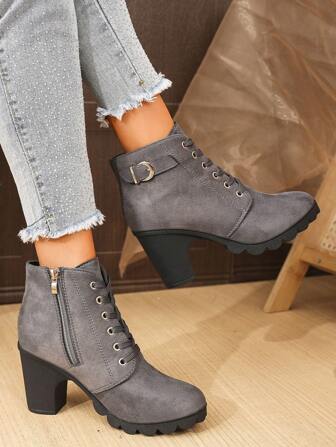 Match With Sweater,Elegant Women's Fashion Ankle Boots With Button Decor, Front Lace-Up And Side Zipper, Thick Heel