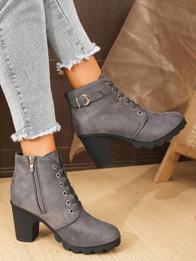 Match With Sweater,Elegant Women's Fashion Ankle Boots With Button Decor, Front Lace-Up And Side Zipper, Thick Heel
