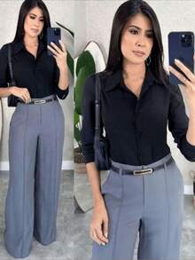 Elegant Women's Wide Leg Pants With Belt In Tailoring - Grey - View 2