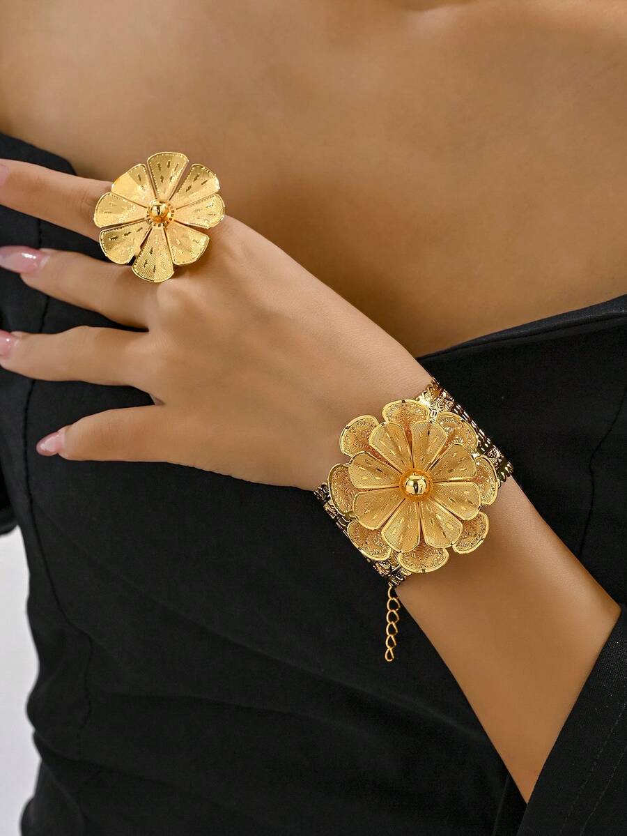 Bộ 2 chiếc/Bộ Vòng tay mạ vàng 24k thời trang Trung Đông bằng đồng Vòng tay lớn Bộ nhẫn hở rỗng khắc hoa cổ điển dành cho cô dâu tiệc cưới Vòng tay nữ - Vàng - Xem 1