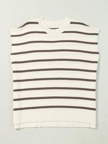 CILKOO 条纹侧开衩圆领短袖毛衣T恤 休闲夏季 - 棕色 - 查看 6