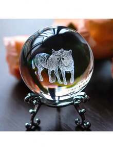 1 quả cầu pha lê khắc laser 3D hình voi nhiệt đới, sói đôi, hươu cao cổ có giá đỡ - Hoàn hảo để trang trí nhà cửa và văn phòng, quà tặng Giáng sinh lý tưởng - khung bạc - Xem 7