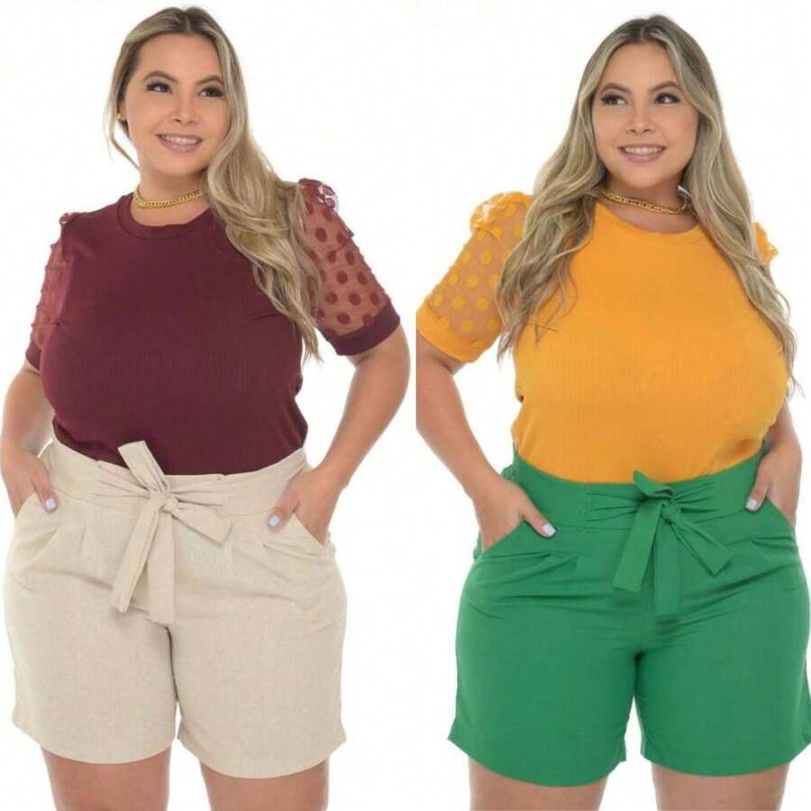 Kit 2 Shorts Linen Plus Size Women's Big Offer Today - màu be xanh - Xem 1