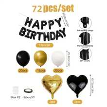 72个黑色生日快乐横幅金属金黑白乳胶气球黑金心形铝箔气球金黑主题生日快乐装饰气球男女通用