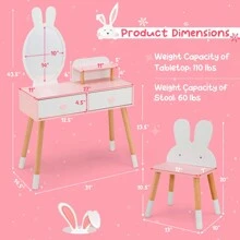 Homasis Kid Vanity Set Makeup Table Stool With Drawer Shelf Wood Leg Rabbit Mirror - White - View 9