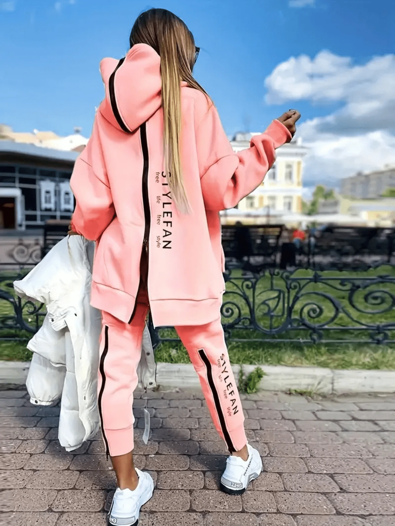 Winter Women's Long-Sleeved Sweatshirt And Sports Pants Two-Piece Set, Back Zip Style, Warm Clothing For Commuting Or Home Or Going Out - 粉色 - 查看 1