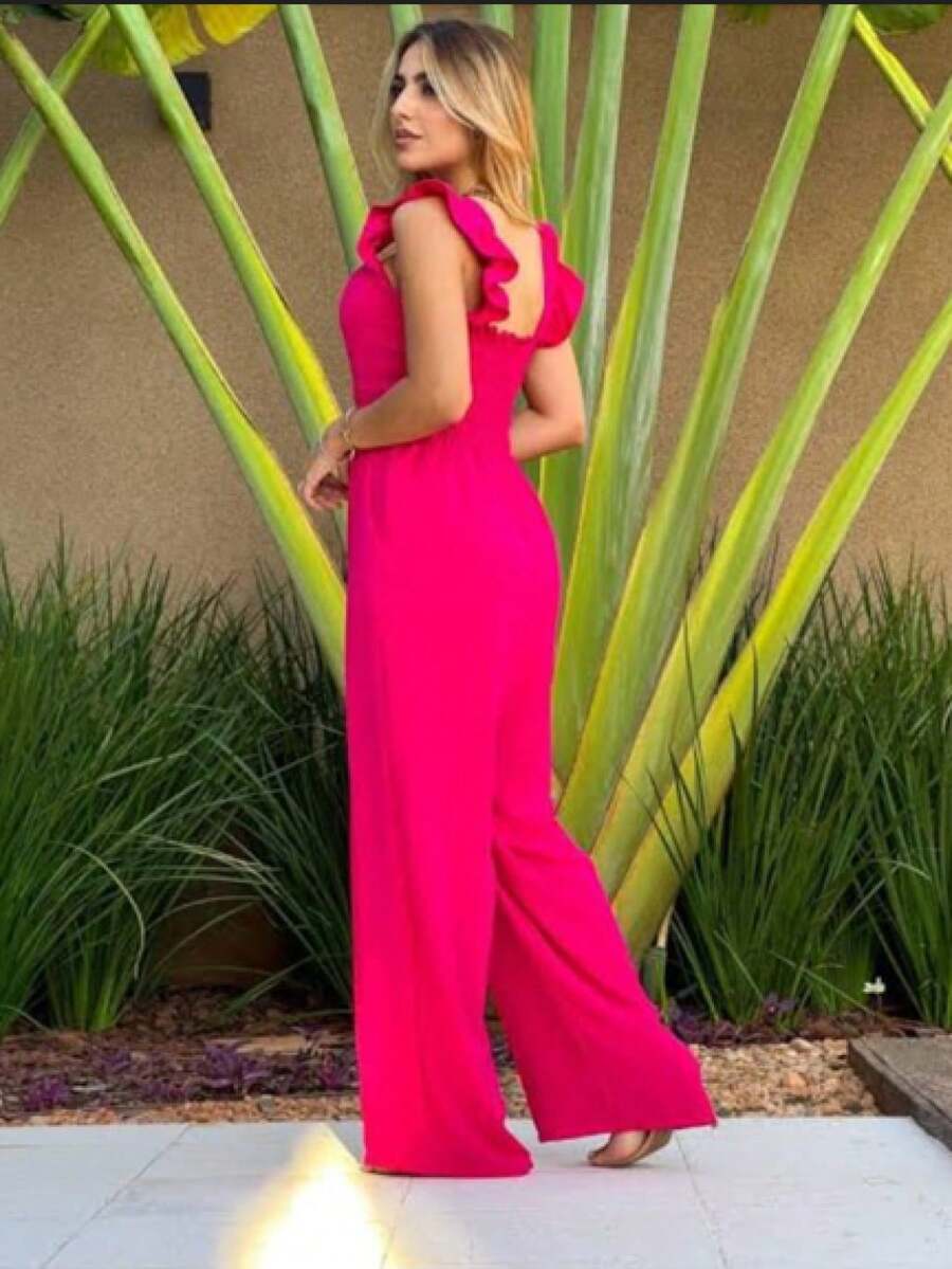 ELEGANT WOMEN'S LONG OVERALLS DUNE FABRIC RUFFLE SLEEVES FASHION - 玫紅色 - 查看 1