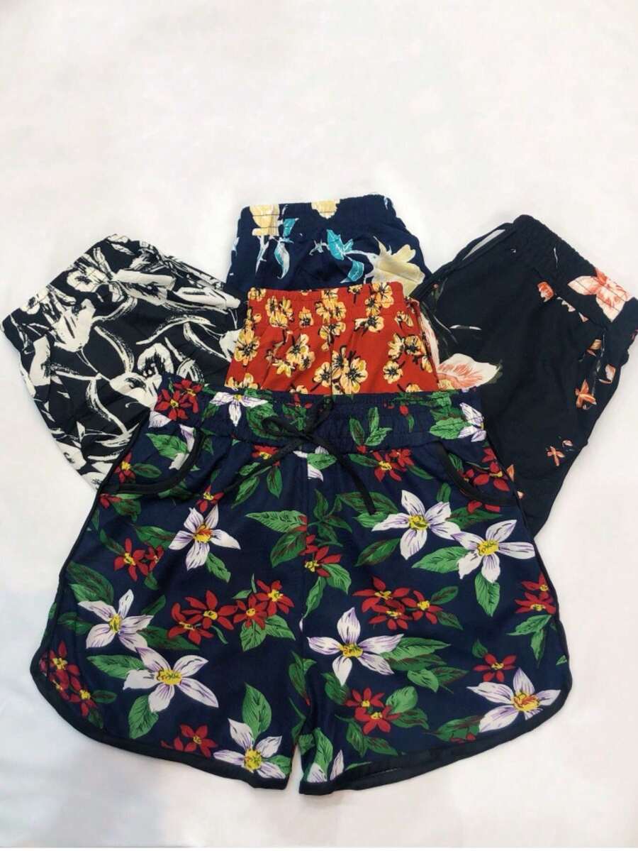 3pcs Kit Shorts Crepe Mesh Random Women's Elastic With Open Pocket Imported Floral Print Summer Beach Fashion - Bộ 5 món ngẫu nhiên - Xem 1