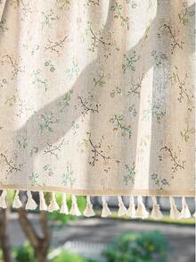 LOSPRING Cortina semitransparente con aspecto de lino de color arroz con hermosas flores y flecos, cortina de cocina para media ventana - M-11 - Ver 6
