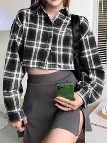 女士休闲格子短款衬衫，春秋季黑色 - 黑色 - 查看 4