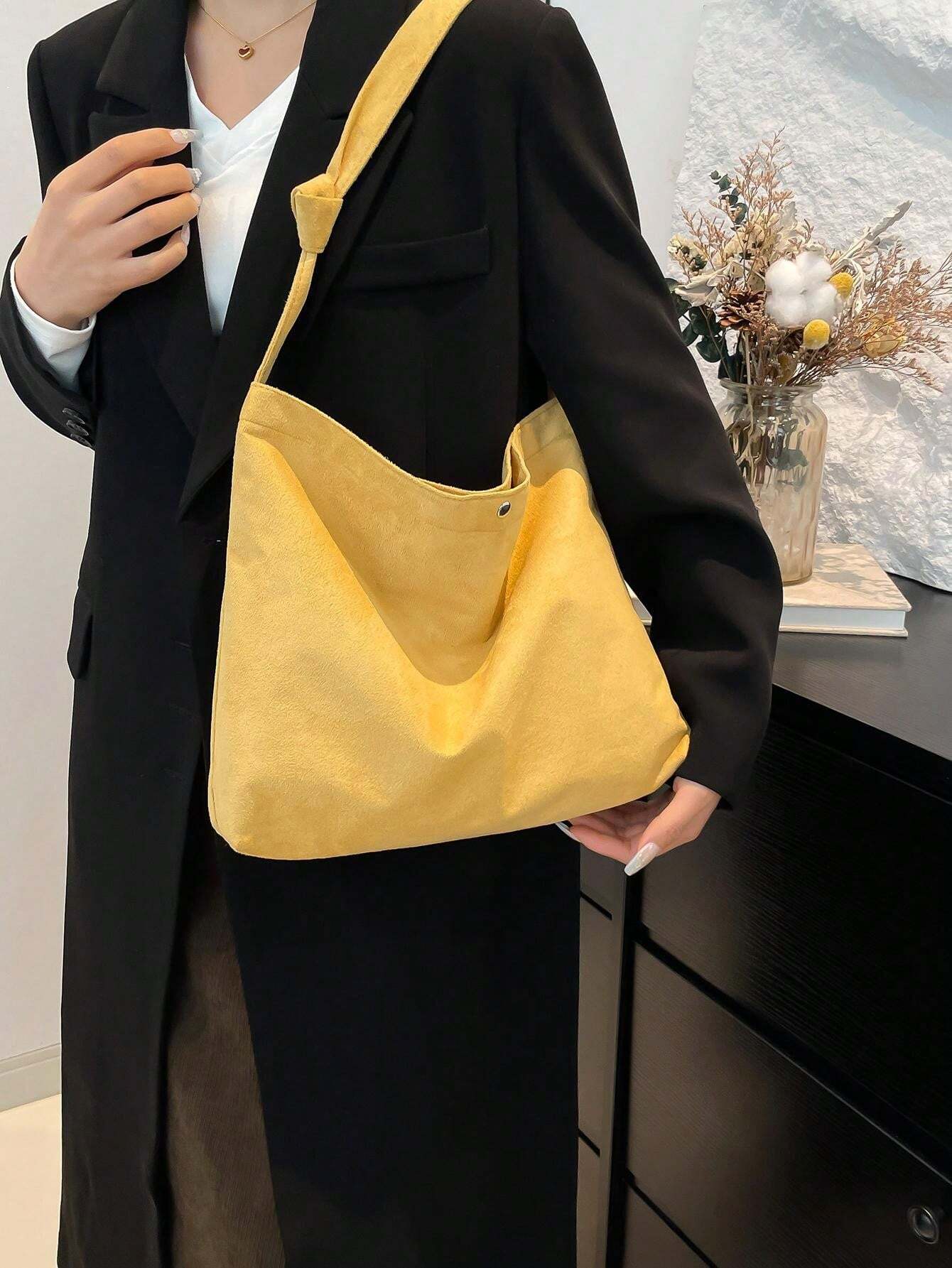 Vintage Solid Color Large Capacity Casual Tote Bag, Suede Leather