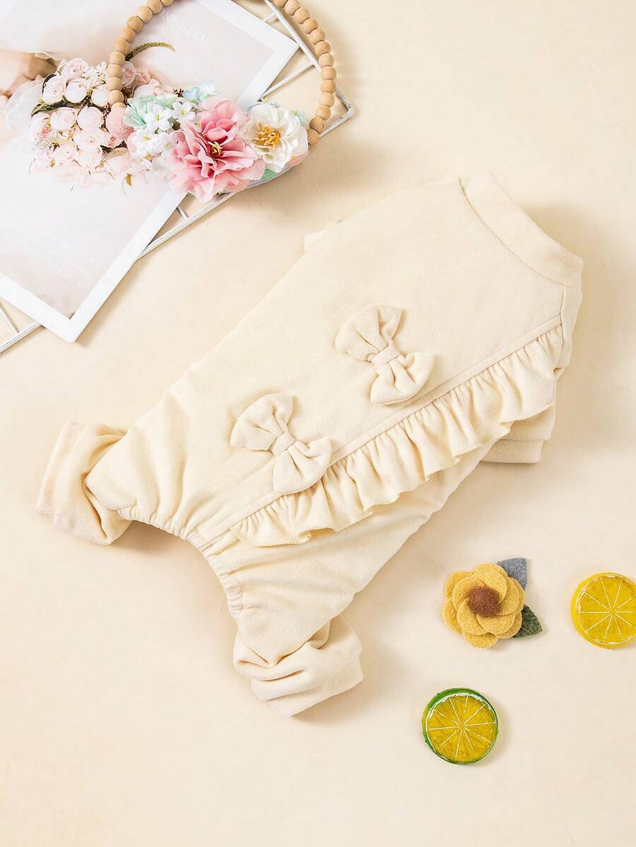 Fleece Jumpsuit Outfit With Bow Lace Decor For Pets, Warm And Comfortable With Stretch - Beige - View 1