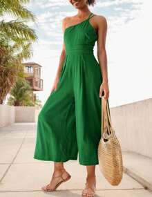 Mono informal de mujer con tirantes, un hombro, cintura alta y pierna ancha - Verde - Ver 4