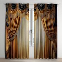 2pcs Luxury European Classical Style Tassel Valance Digital Print Sheer Curtain Panels, Rod Pocket Design For Easy Hanging, Quality Polyester Fabric, Waterproof & Wrinkle Resistant, High Definition Print, Fade Resistant, Suitable For Bedroom, Bathroom, Living Room European Home Decor Rama Decoration Rama - Gold - View 7