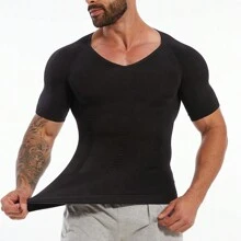 Mens V-Neck Tummy Control T-Shirt Abdomen Gynecomastia Compression Shapewear Tops Body Shaper Slimming Hide Man Boobs Muscle T Shirts - 黑色 - 查看 2